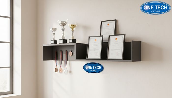 Kệ treo tường trưng bày huy chương Kệ treo tường trưng bày huy chương và bằng khen gọn gàng