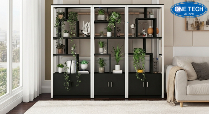 Kệ trưng bày cây cảnh gỗ cho không gian phòng khách