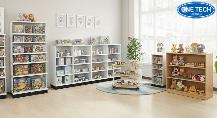Các kiểu kệ trưng bày đồ chơi trẻ em phổ biến: đa tầng, tủ mầm non, kệ bánh xe, kệ gỗ