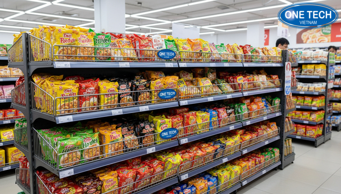 Kệ trưng bày mì ăn liền bố trí gọn theo khu thực phẩm khô