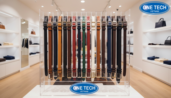 Kệ trưng bày thắt lưng bố trí gọn gàng giúp khách dễ xem và dễ chọn