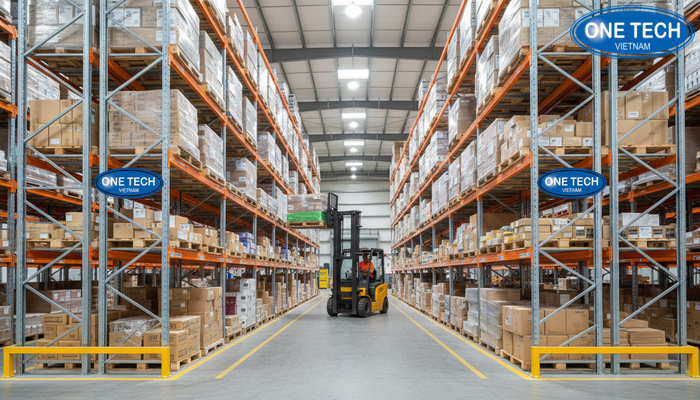 Kho vận hành với kệ selective Kho hàng vận hành hiệu quả với kệ selective, lối đi xe nâng và vị trí pallet rõ ràng