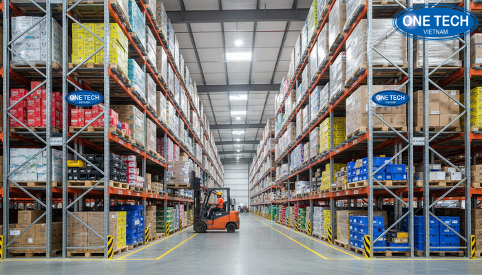 Ảnh thực tế kho logistics sử dụng kệ Push Back do OneTech triển khai