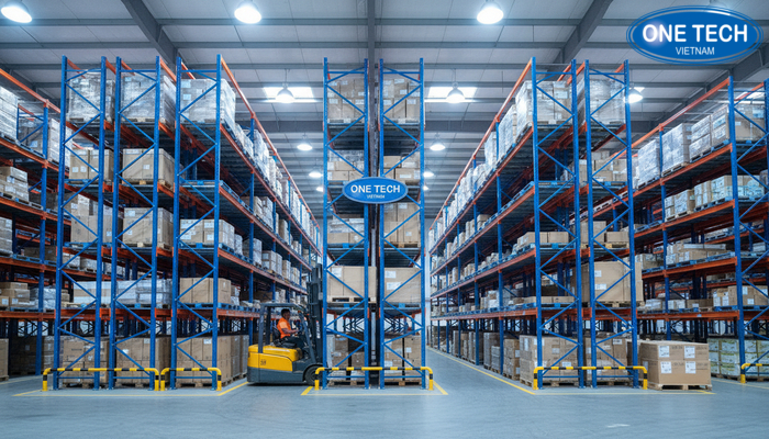 Minh họa lối đi xe nâng khi dùng kệ Push Back để tối ưu không gian kho