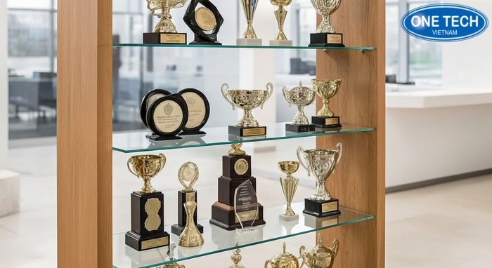 Kệ kính 4 tầng khung gỗ sồi Kệ kính 4 tầng khung gỗ sồi trưng bày cúp hiện đại