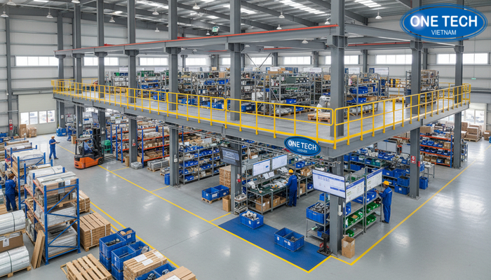 Kệ sàn Mezzanine trong xưởng sản xuất để phân khu vật tư và bán thành phẩm