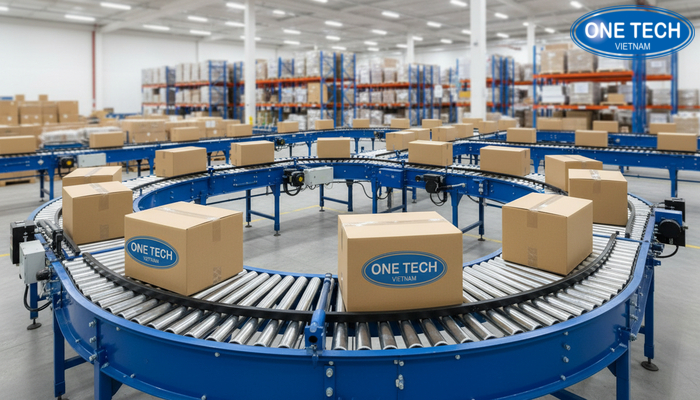 Đường đi hàng hóa trên kệ con lăn Minh họa đường đi của thùng hàng trên băng con lăn từ đầu nhập đến đầu xuất
