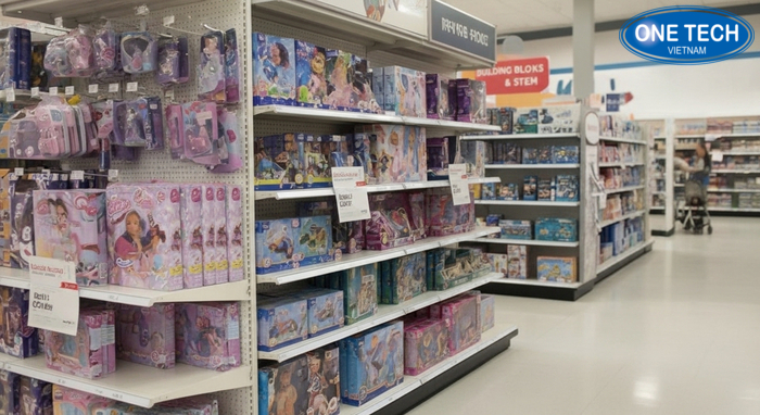 Mô hình setup kệ trưng bày đồ chơi trẻ em theo khu chủ đề, lối đi rộng