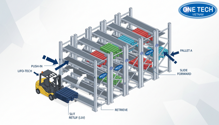 Đồ họa mô phỏng nguyên lý LIFO của kệ Push Back trong kho