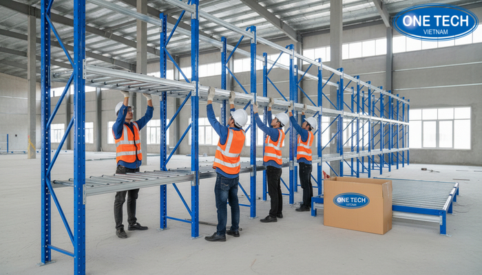 Lắp đặt kệ con lăn tại Đà Nẵng Hình ảnh đội ngũ lắp đặt kệ con lăn tại công trình ở Đà Nẵng