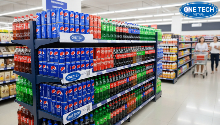 Tích hợp QR voucher trên kệ quảng cáo Pepsi, Coca Mã QR nhận voucher tích hợp trên kệ quảng cáo