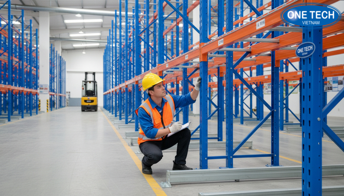 Hinh minh hoa quy trinh kiem tra ray khung cot va lien ket trong ke drive in