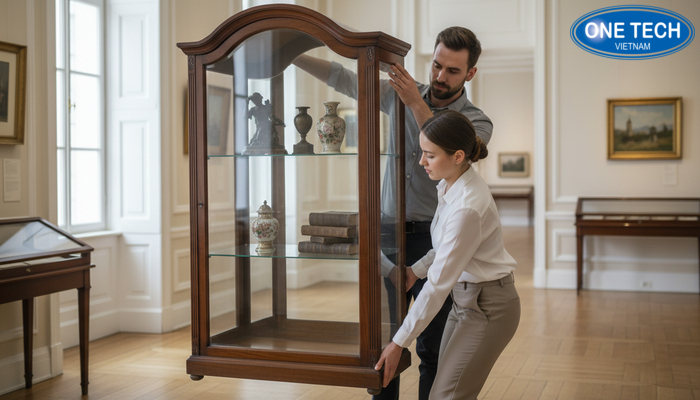 Di chuyển kệ trưng bày đồ cổ an toàn Quy trình di chuyển kệ trưng bày đồ cổ an toàn, đặc biệt với tủ kính