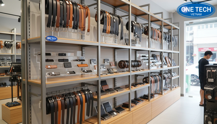 Sản phẩm kệ trưng bày thắt lưng hoàn thiện tại OneTech Đà Nẵng