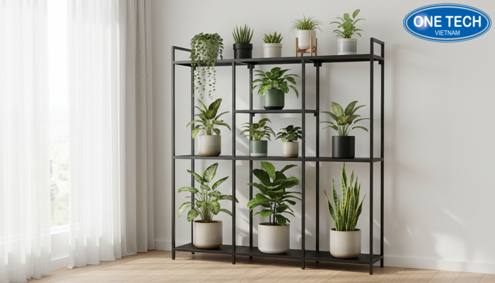 Sắp xếp cây cân đối trên kệ trưng bày cây cảnh để tăng thẩm mỹ và an toàn