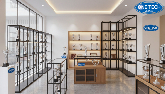 Showroom OneTech Kệ siêu thị Đà Nẵng Hình ảnh showroom trưng bày các mẫu kệ trưng bày cúp tại Đà Nẵng
