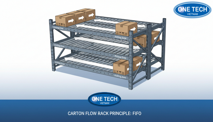 Nguyên lý kệ con lăn FIFO theo trọng lực Sơ đồ nguyên lý hoạt động kệ con lăn theo trọng lực FIFO