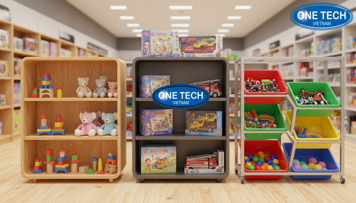 So sánh chất liệu kệ gỗ, kệ sắt, kệ nhựa dùng trưng bày đồ chơi trẻ em