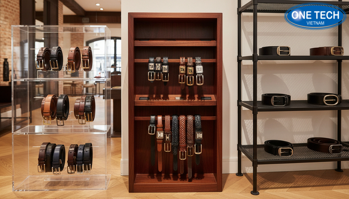 So sánh kệ mica, kệ gỗ và kệ kim loại dùng trưng bày thắt lưng