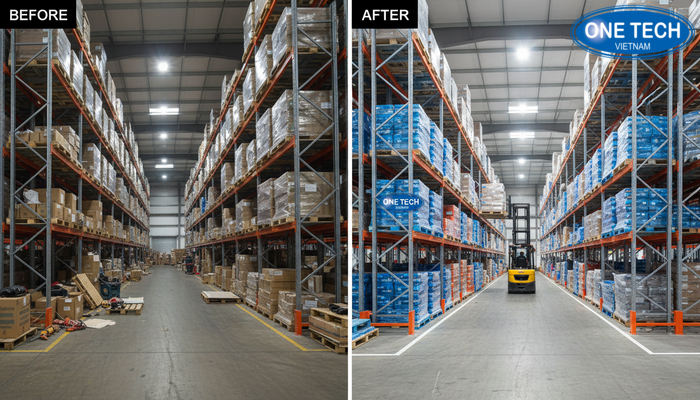 So sánh kho trước và sau khi lắp đặt kệ pallet