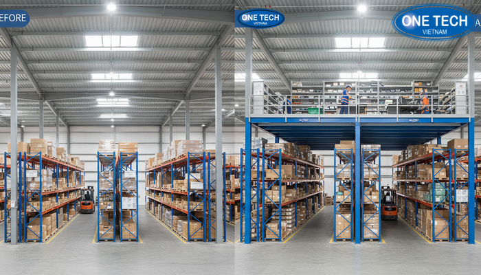 So sánh diện tích sử dụng kho trước và sau khi lắp kệ sàn Mezzanine