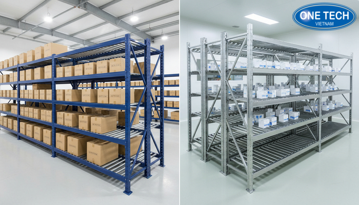 So sánh vật liệu kệ con lăn thép và inox So sánh vật liệu thép sơn và inox cho kệ con lăn theo môi trường sử dụng