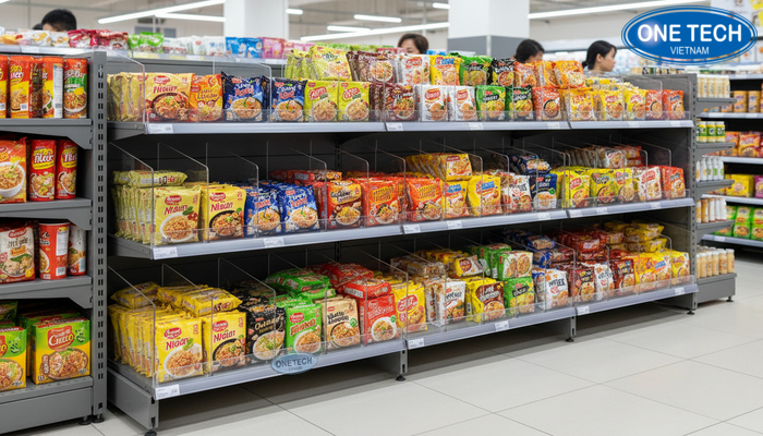 Thanh chắn và vách ngăn rổ mì giúp phân loại mì ăn liền rõ ràng