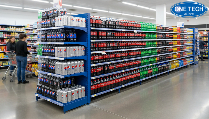 Cụm kệ quảng cáo nước ngọt tại siêu thị Đà Nẵng Cụm trưng bày endcap và kệ đứng tại siêu thị