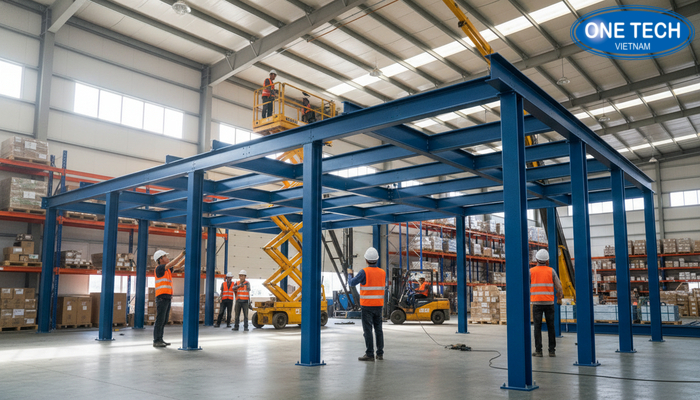 Tiến trình lắp dựng khung cột dầm của kệ sàn Mezzanine tại kho