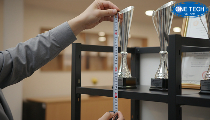 Tiêu chí chọn kệ trưng bày cúp theo kích thước Minh họa đo kích thước cúp và khoảng cách tầng kệ