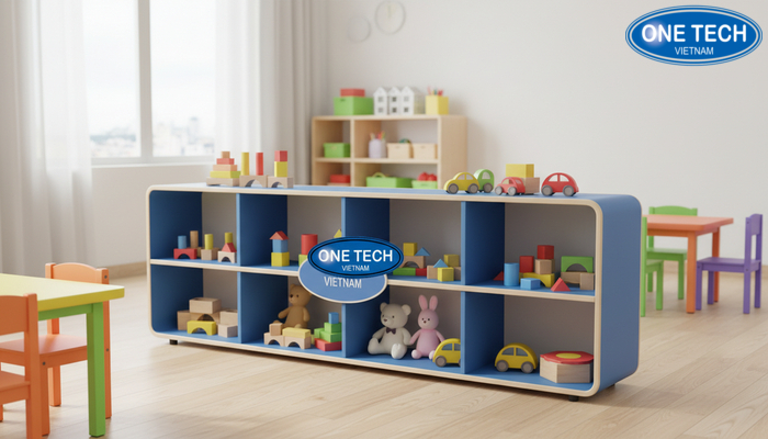Tủ kệ mầm non để đồ chơi an toàn, chiều cao thấp, chia ngăn rõ