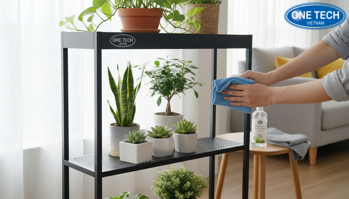 Minh họa vệ sinh kệ trưng bày cây cảnh sắt sơn tĩnh điện đúng cách