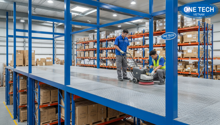 Vệ sinh sàn và kiểm tra chống trượt khu thao tác trên kệ sàn Mezzanine