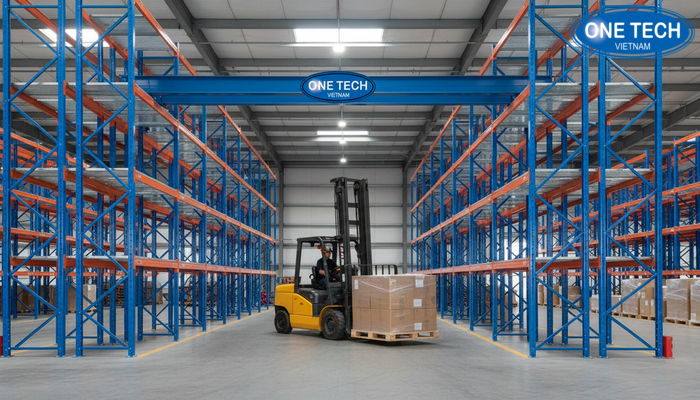 Video demo xe nang di vao long ke drive in de dat va lay pallet