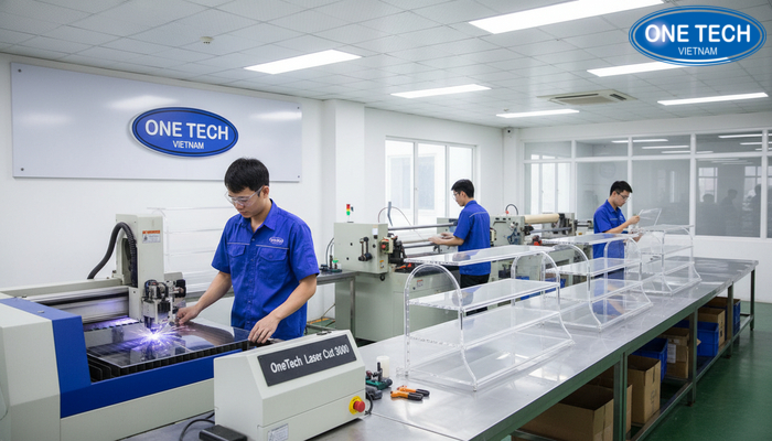 Quy trình gia công kệ mica trưng bày dây nịt thắt lưng tại xưởng OneTech