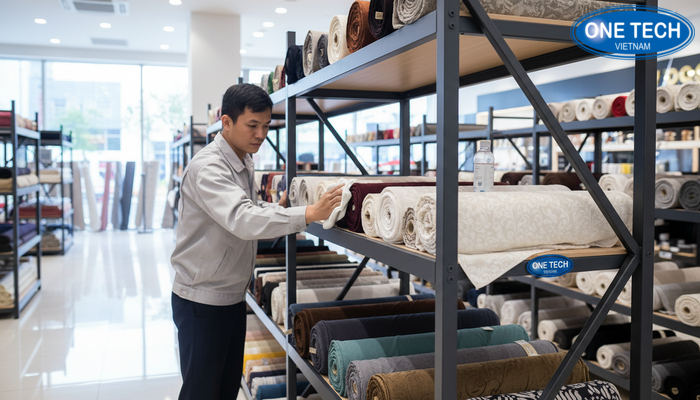 Bảo dưỡng kệ trưng bày vải Minh họa thao tác vệ sinh và bảo dưỡng kệ trưng bày vải đúng cách
