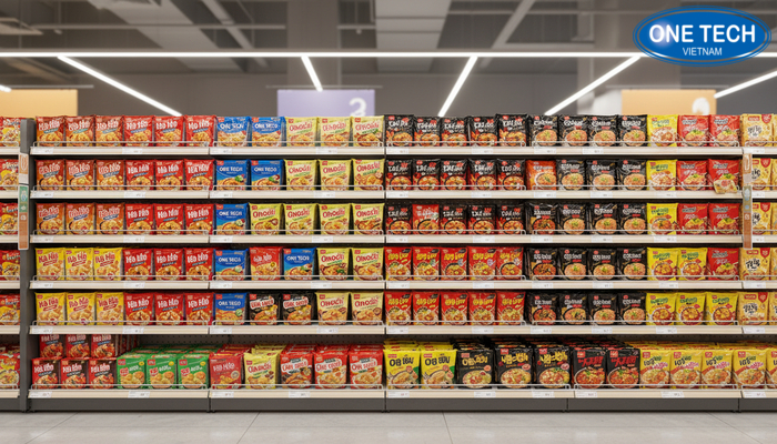Bố trí kệ trưng bày mì tôm theo thương hiệu Bố trí kệ mì tôm theo thương hiệu giúp khách dễ chọn