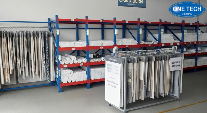 Bố trí kệ trưng bày vải trong cửa hàng Minh họa cách bố trí kệ trưng bày vải khoa học trong cửa hàng