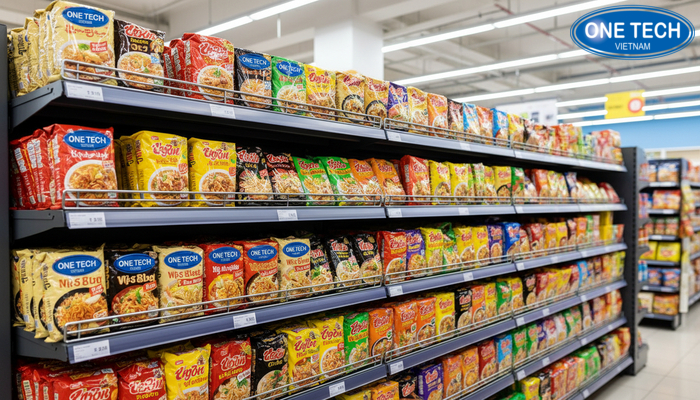 Chi tiết kết cấu kệ trưng bày mì tôm Chi tiết khung và mâm tầng kệ chịu lực khi trưng bày mì tôm