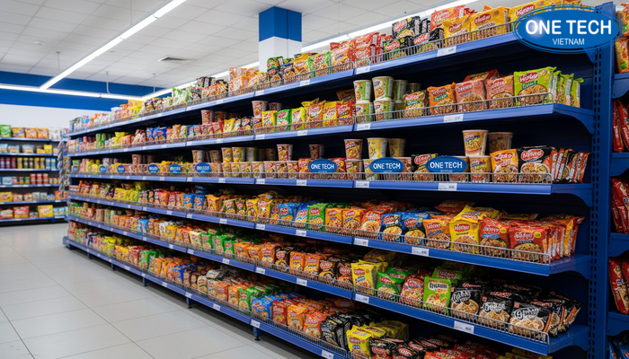 Dự án kệ trưng bày mì tôm OneTech Hình ảnh dự án kệ trưng bày mì tôm OneTech thi công thực tế