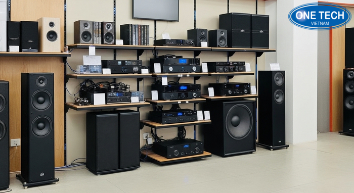 Kệ trưng bày loa OneTech thực tế Hình ảnh thực tế kệ trưng bày loa OneTech tại Đà Nẵng