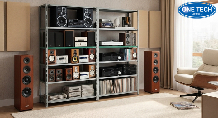 Trải nghiệm kệ trưng bày loa Trải nghiệm bố trí phòng nghe với kệ trưng bày loa gọn gàng