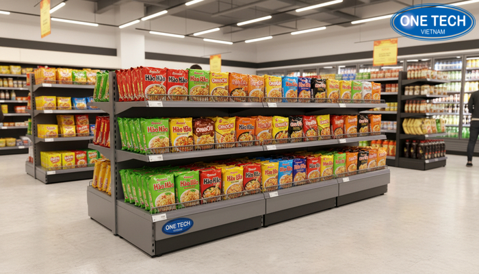 Kệ đảo thấp trưng bày mì tôm Kệ đảo thấp trưng bày mì tôm trong minimart