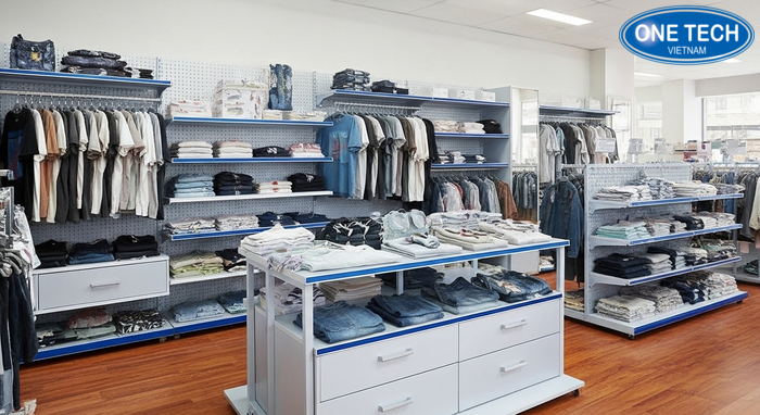 Ví dụ bố cục shop dùng kệ để gấp kết hợp kệ treo