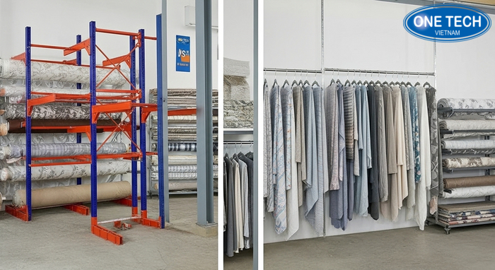 So sánh kệ để vải cuộn và kệ treo vải So sánh kệ để vải cuộn và kệ treo vải theo không gian sử dụng