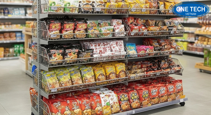 Kệ giỏ di động trưng bày mì tôm Kệ giỏ di động trưng bày mì tôm cho cửa hàng nhỏ