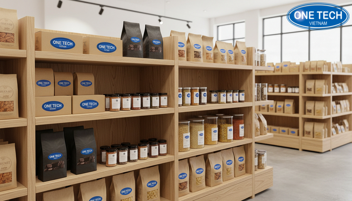 Kệ gỗ đa năng trưng bày đồ khô trong cửa hàng tạp hóa