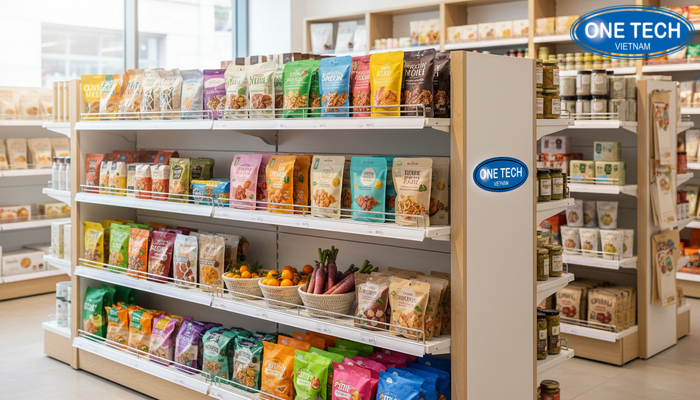 Kệ gỗ MDF phủ melamine dùng trưng bày hàng tạp hóa