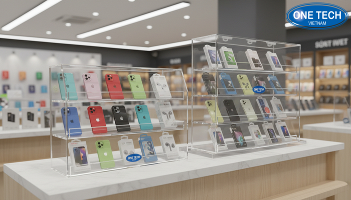 Kệ mica trưng bày phụ kiện điện thoại để bàn và dạng đứng