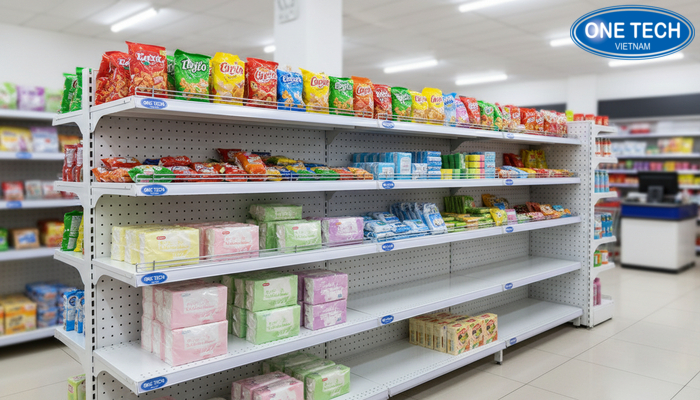 Kệ nhựa và kệ nhôm cho hàng nhẹ trong cửa hàng tạp hóa